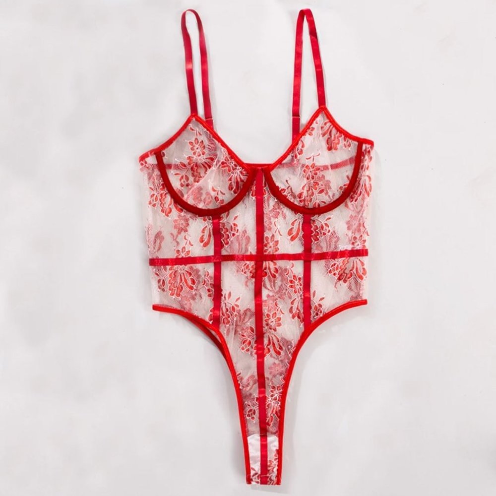 One-piece Bodysuit Embroidered Lingerie Red
